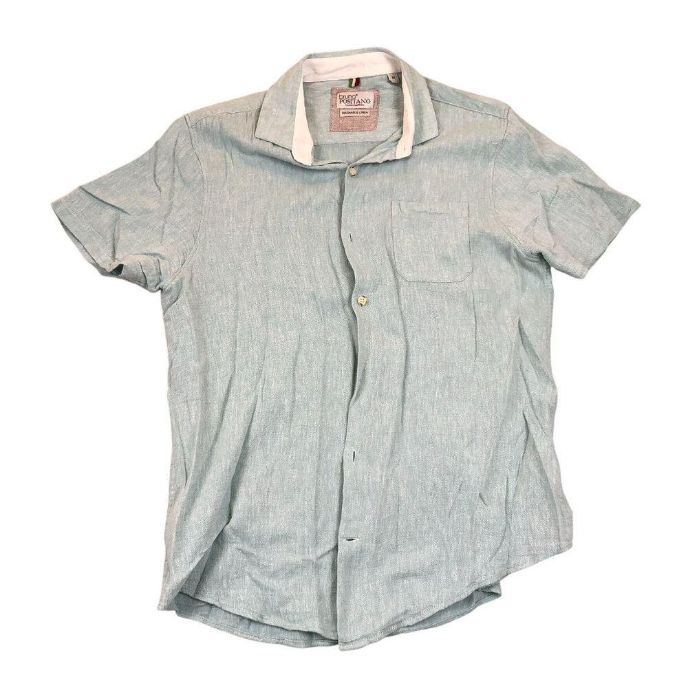 Bruno Positano Mens Button Up Shirt Medium Light Blue Short Sleeve Linen Blend